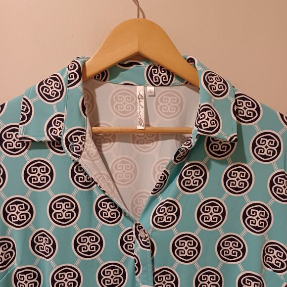 Lulu B Teal Blue Geometric V-Neck Long Sleeve Button Front Top Large Colorful - Picture 2 of 8